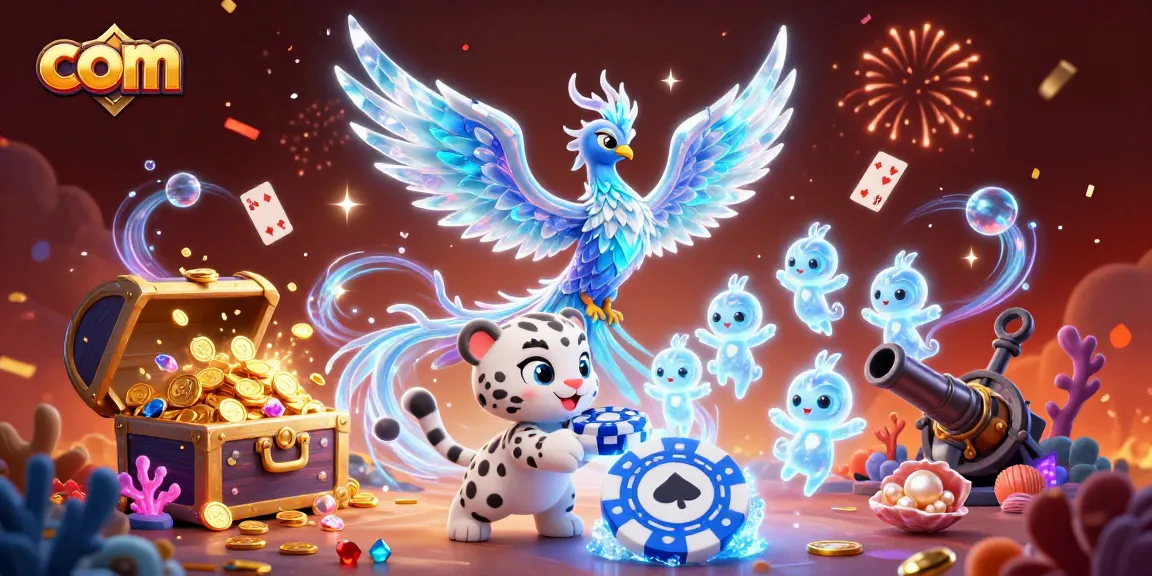 Experience the excitement at com with a lively scene featuring a phoenix and poker elements.