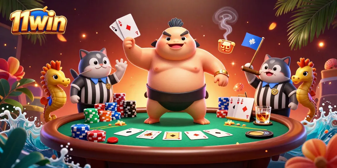 Engage with 11win's vibrant poker scene featuring dynamic 3D casino characters and elements.