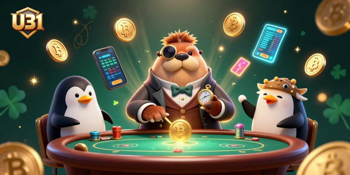 Experience thrilling gameplay at U31 with a jolly walrus, sophisticated penguin dealer, and bluffing pufferfish in a vibrant casino setting.