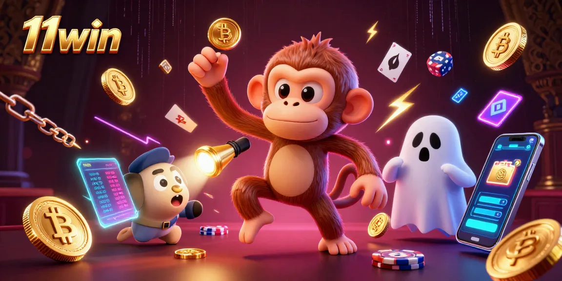 Engage with 11win's lively haunted casino illustration featuring a mischievous poltergeist monkey and a ghost-hunter puppy.