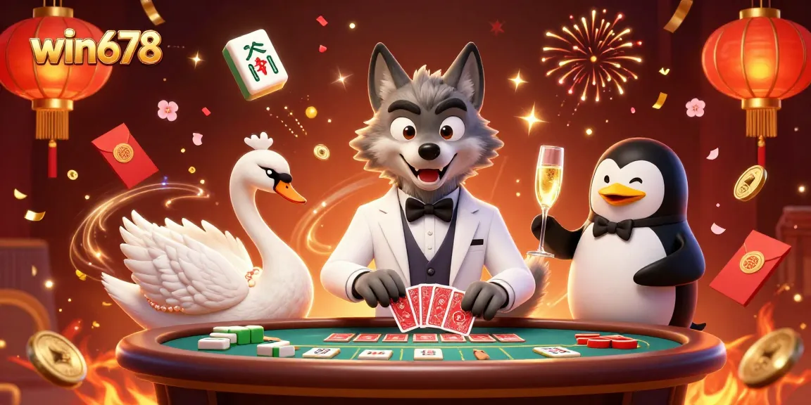Experience the excitement of win678 as a debonair wolf plays baccarat with a swan dealer and penguin sommelier.