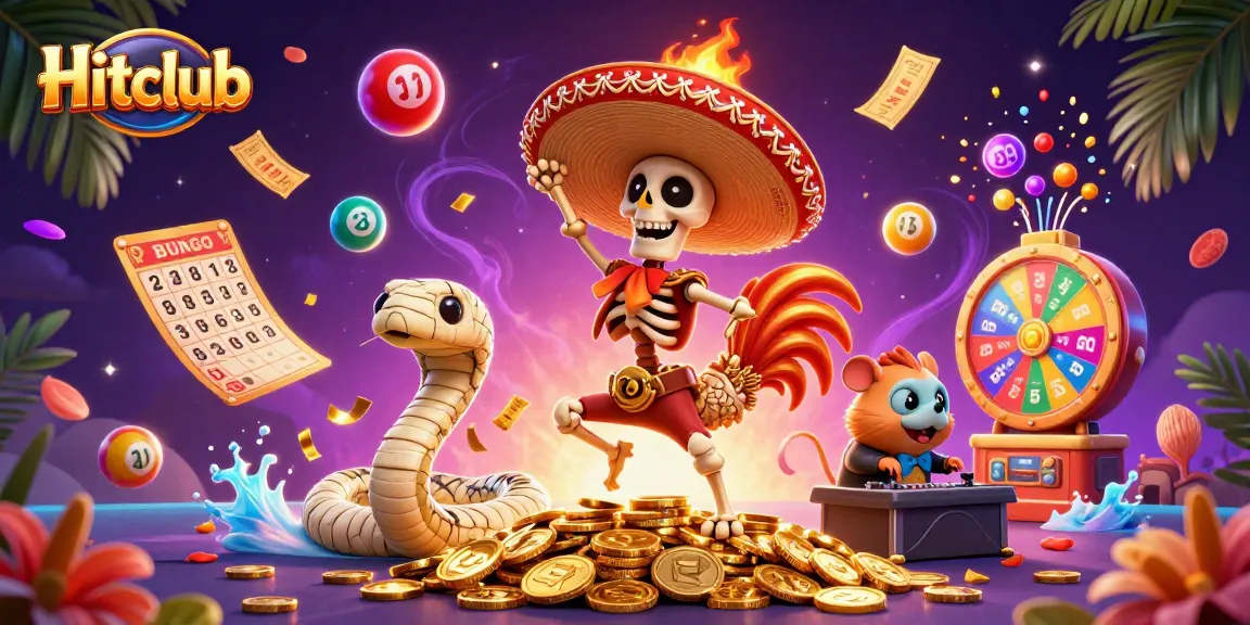Hitclub brings excitement with a 3D illustration of a dancing mariachi rooster surrounded by colorful lottery elements.