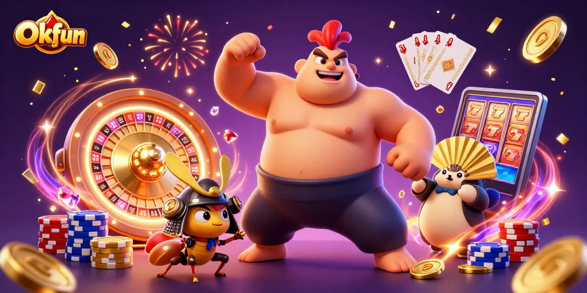 Experience Okfun with an action-packed scene showcasing a sumo rooster, samurai cricket, and announcer surrounded by casino elements.
