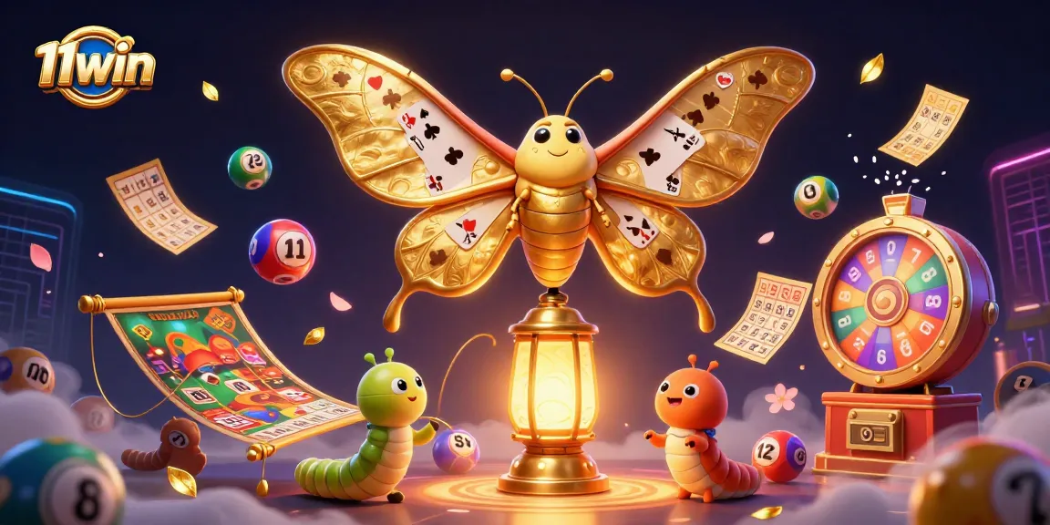 Engage with the vibrant 11win casino universe, featuring a 3D atlas moth and dynamic lottery elements.