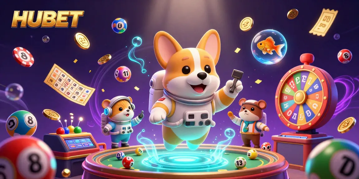 Watch HUBET's astronaut corgi win big in a vibrant casino atmosphere full of colorful games and exciting prizes.