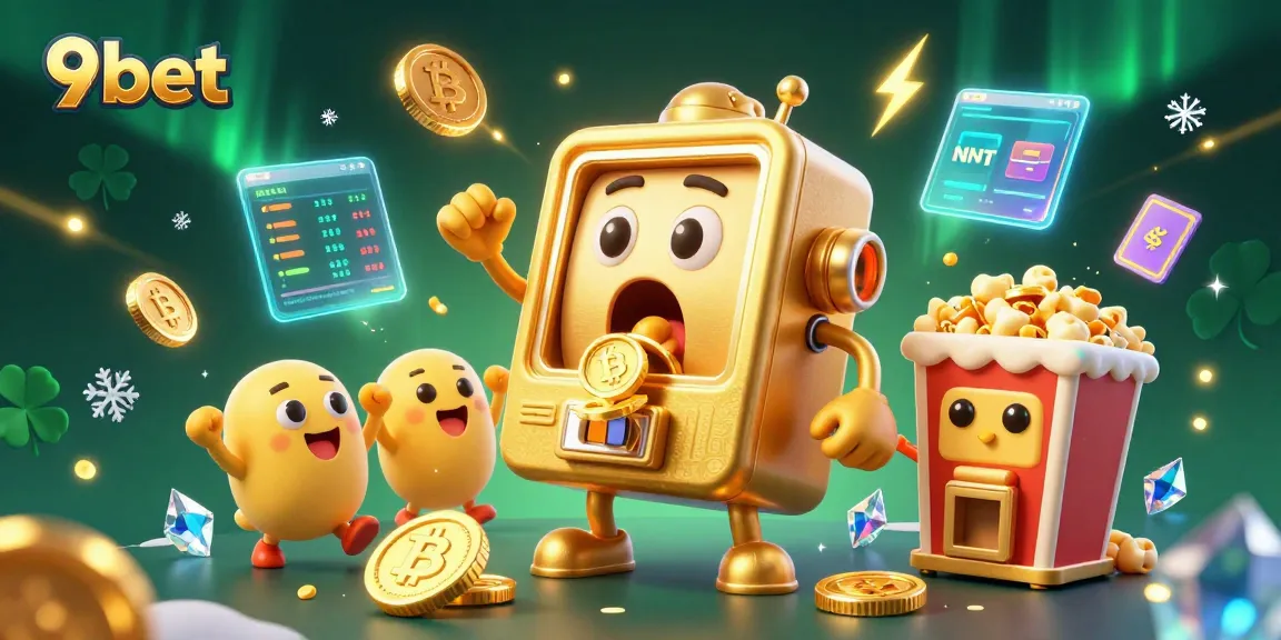 9bet's exciting atmosphere captured by a joyous slot machine hitting a jackpot amidst crypto coins and vibrant elements.