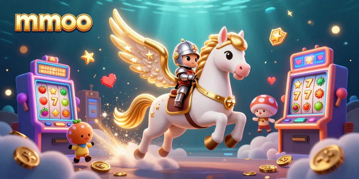 Spin the reels at mmoo with a celestial knight atop a magical horse, showcasing thrilling game elements.