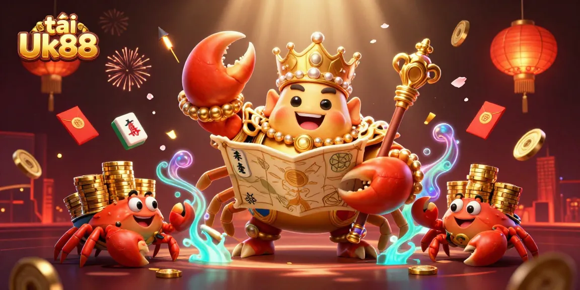 Engage with the vibrant world of tải Uk88 featuring golden crab emperor amid casino elements.