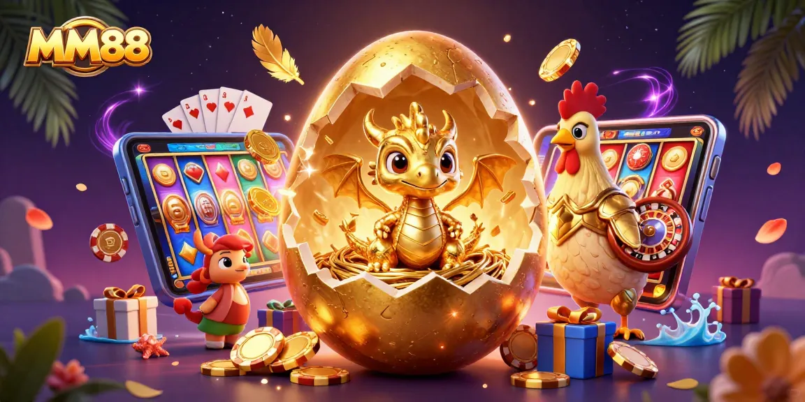 Engage with MM88's thrilling gaming scene featuring a golden dragon, poker chips, and vibrant slot games.
