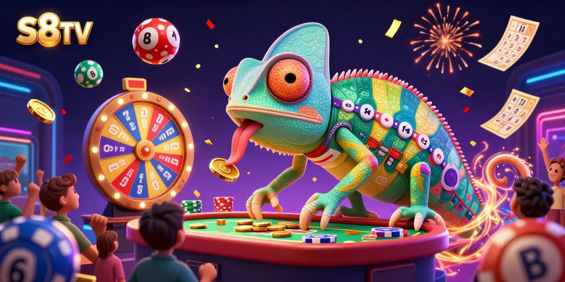 S8TV chameleon casino owner snatches golden coins in a lively sports betting scene.