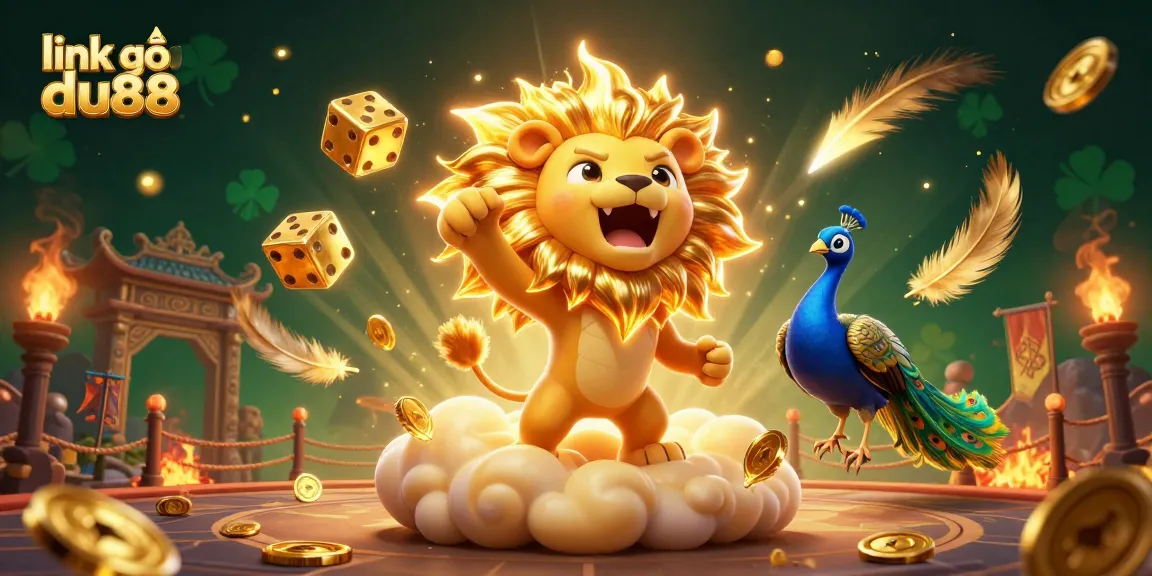 Experience exciting moments with link vào du88 as a 3D sun lion roars with golden dice and vibrant elements.