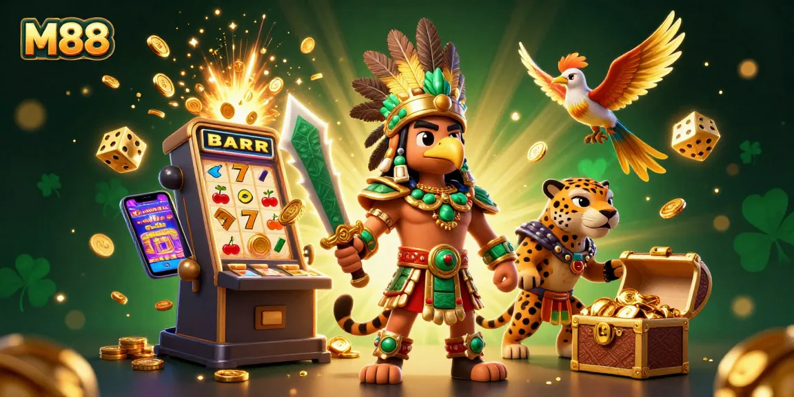 M88 engages in a thrilling casino adventure with colorful slot elements exploding around warriors in an energetic 3D scene.