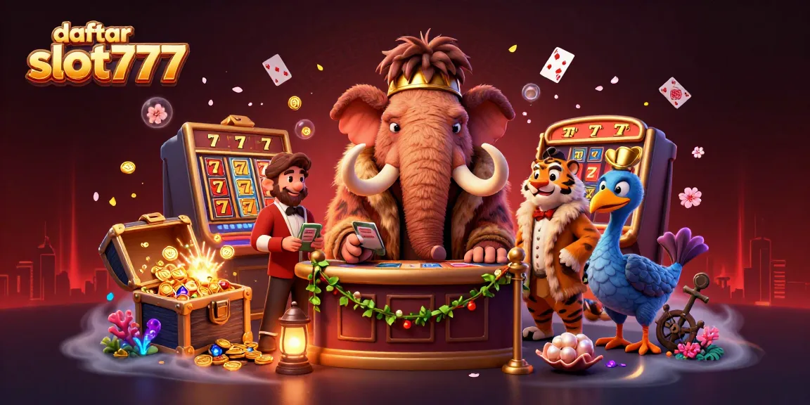 Engage with daftar slot777 at a vibrant casino scene featuring a mammoth bouncer, tiger VIP, and dodo doorman.