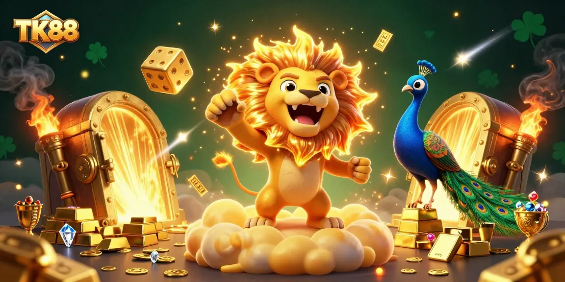 Engage with the TK88 casino universe in this vibrant 3D illustration showcasing golden treasures and cosmic elements.